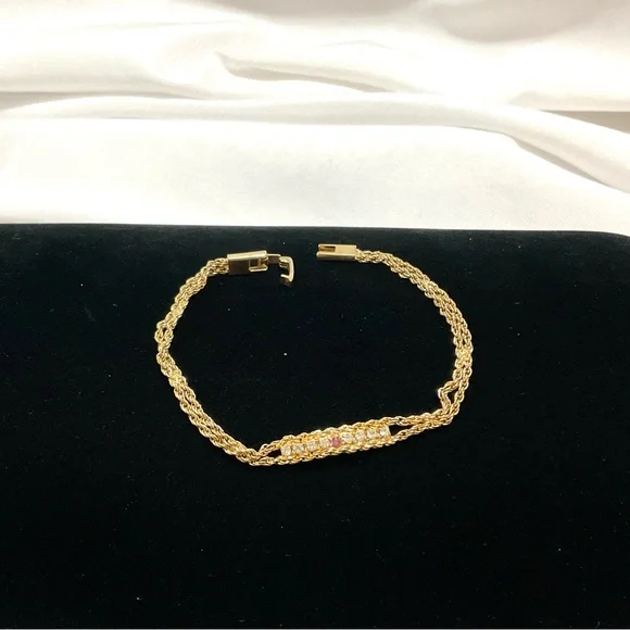 Vintage Metal Double Chain Alexis Bracelet with CZs & Ruby Stone - Picture 2 of 5